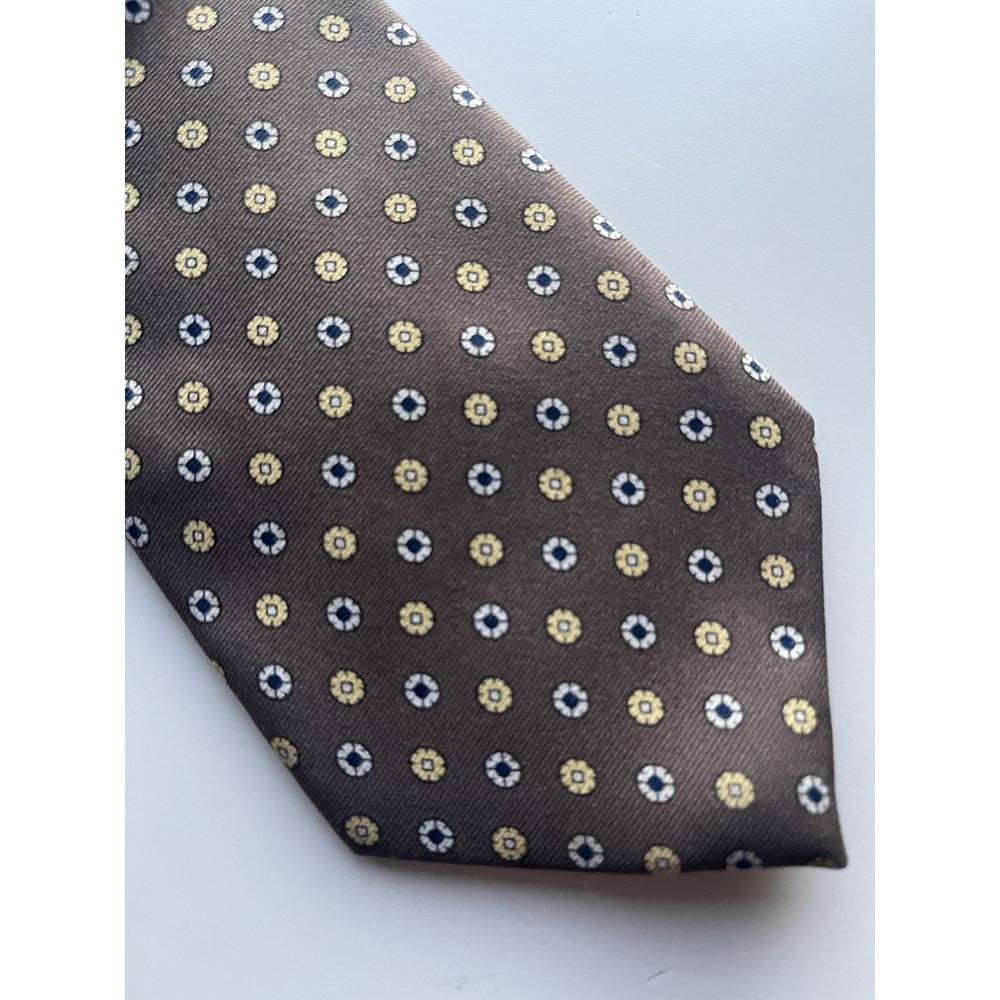 Jacques Estier Tie Paris New York Silk Brown With Floral Yellow White 56" By 3"